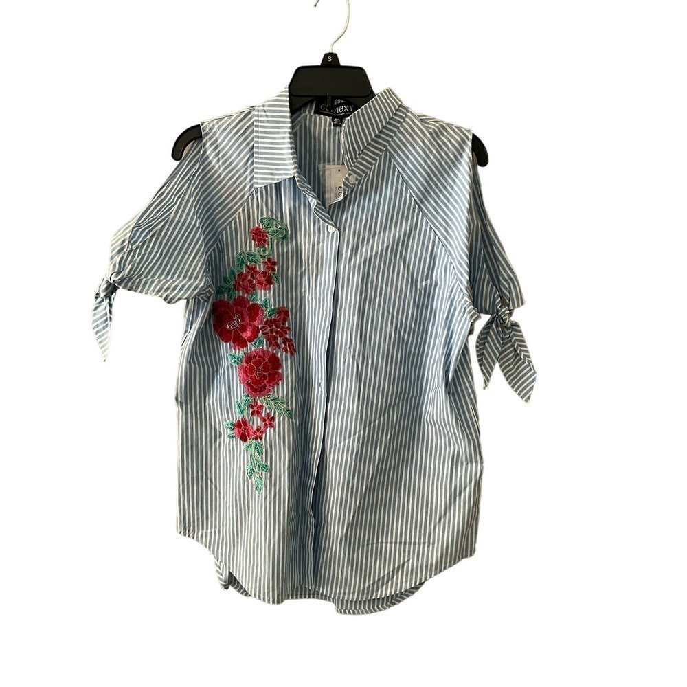 Context Shirt Womens Medium Gray White Striped Short Sleeve Collared Button-Down